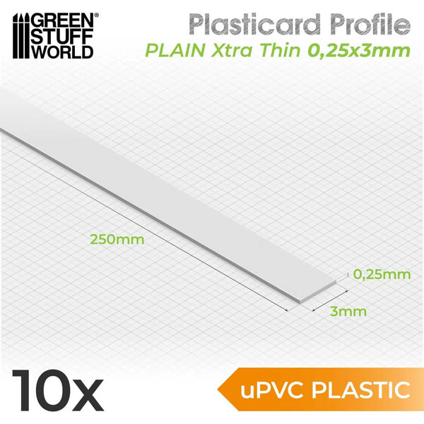 Green Stuff World uPVC Plasticard - Profile Xtra-thin 0.25mm x 3mm 10825